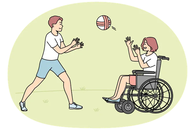 Happy boy playing ball with handicapped girl sitting in wheel chair  Illustration