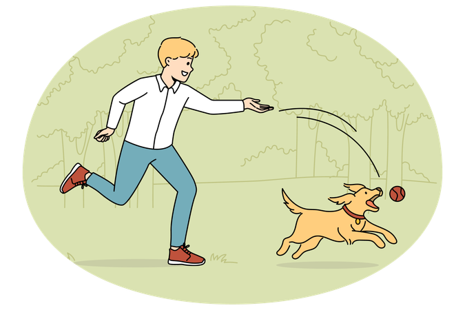 Happy boy playing with dog in park  Illustration
