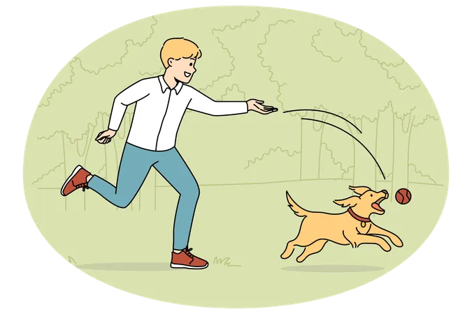 Happy boy playing with dog in park  Illustration