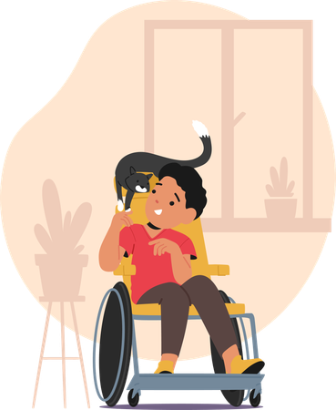 Happy Boy Sitting In Wheelchair With Black Cat On Shoulder  Illustration