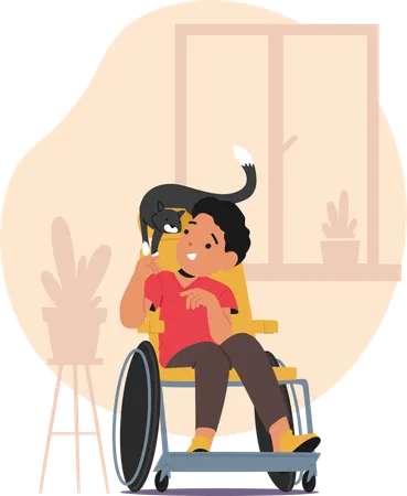 Happy Boy Sitting In Wheelchair With Black Cat On Shoulder  Illustration