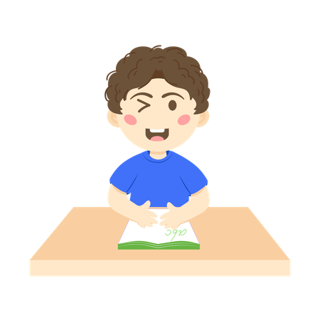 学校で英語を学ぶ幸せな少年  イラスト