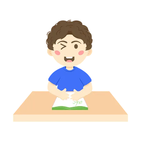 学校で英語を学ぶ幸せな少年  イラスト