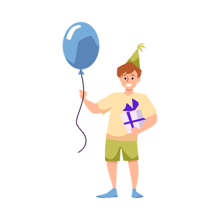 Happy boy with balloon holding gift box decorated with bow  Illustration