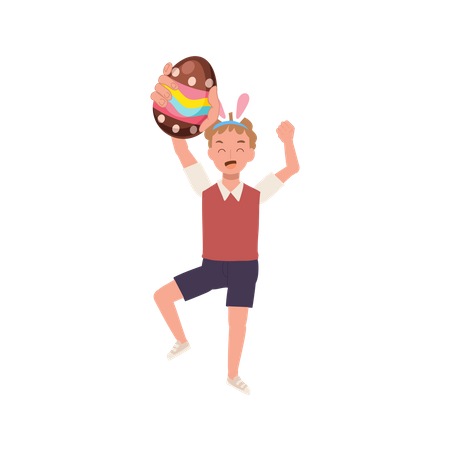 Happy boy with bunny ears holding Easter egg, I found easter egg  Illustration