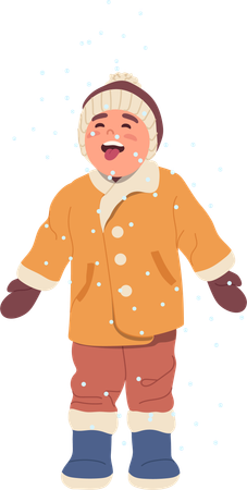 Happy boy with open mouth catching cold fresh snow falling from sky  Illustration