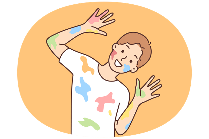 Happy boy with traces of paint on clothes and face after drawing lesson at school  Illustration