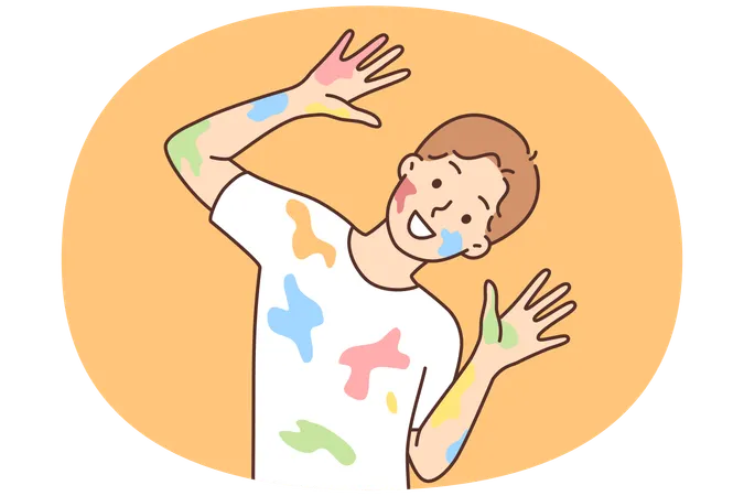 Happy boy with traces of paint on clothes and face after drawing lesson at school  Illustration