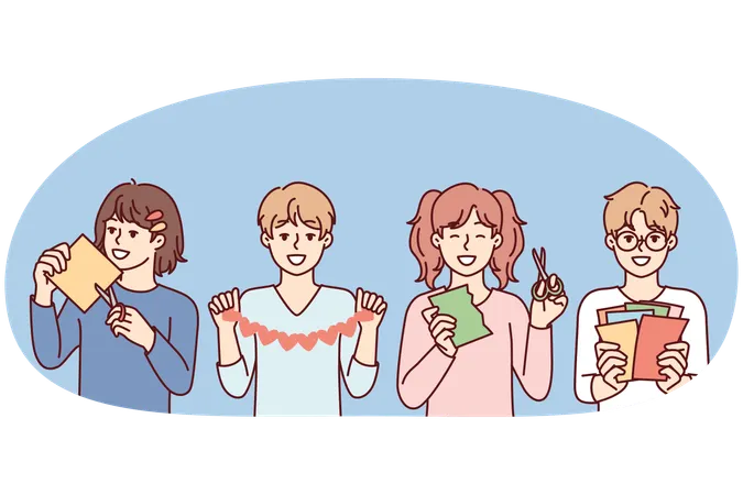 Happy boys and girls with scissors create applications from paper Illustration