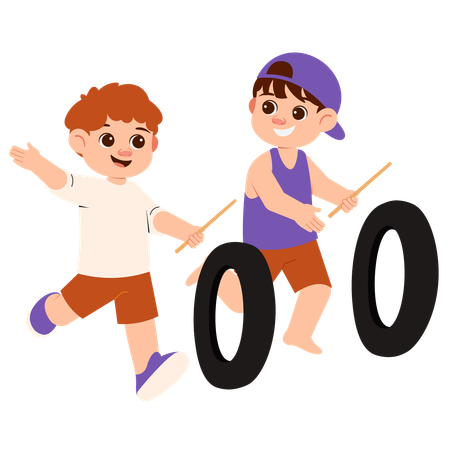 Happy Boys Playing Tire Roll  Illustration