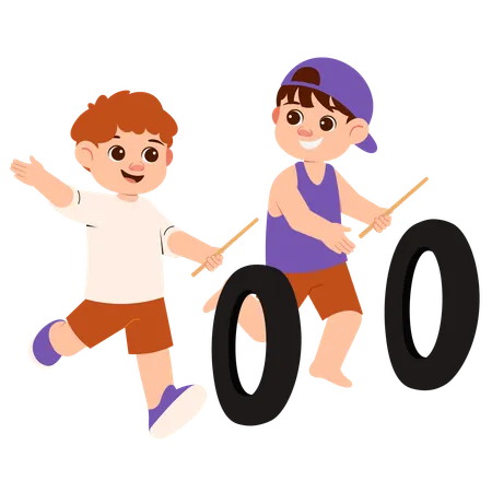 Happy Boys Playing Tire Roll  Illustration