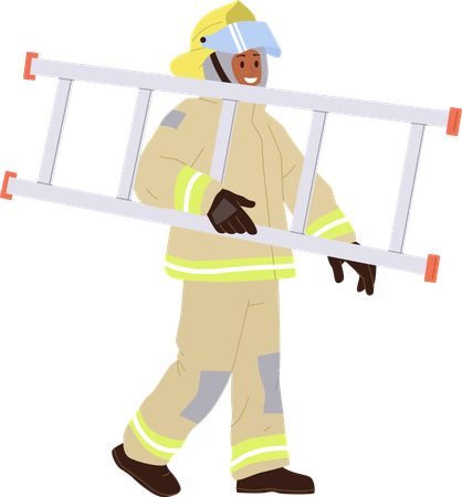 Happy brave firefighter   in uniform walking with step ladder  on white  Illustration