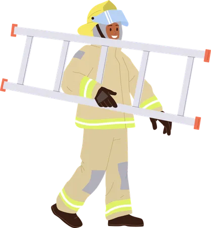 Happy brave firefighter   in uniform walking with step ladder  on white  Illustration