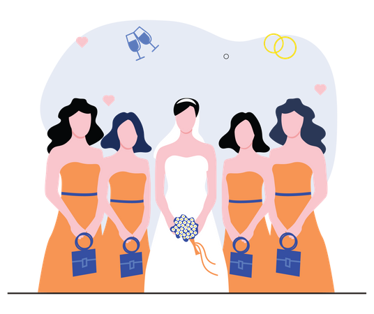 Happy bride with bridesmaids  Illustration