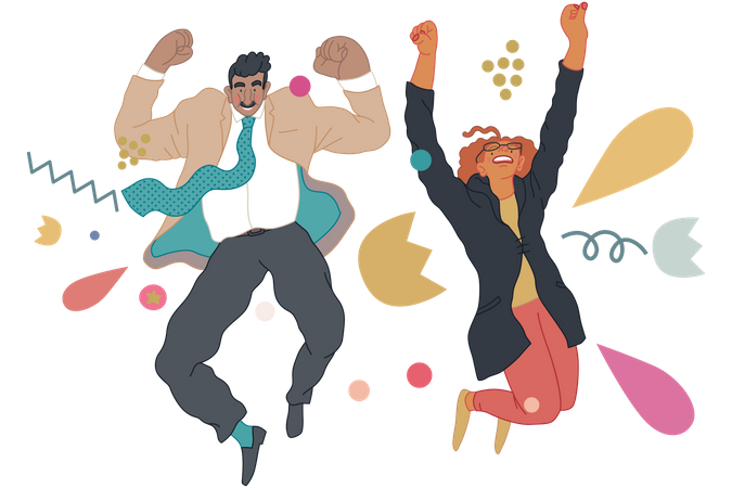 Happy business man and woman jumping in the air cheerfully Illustration
