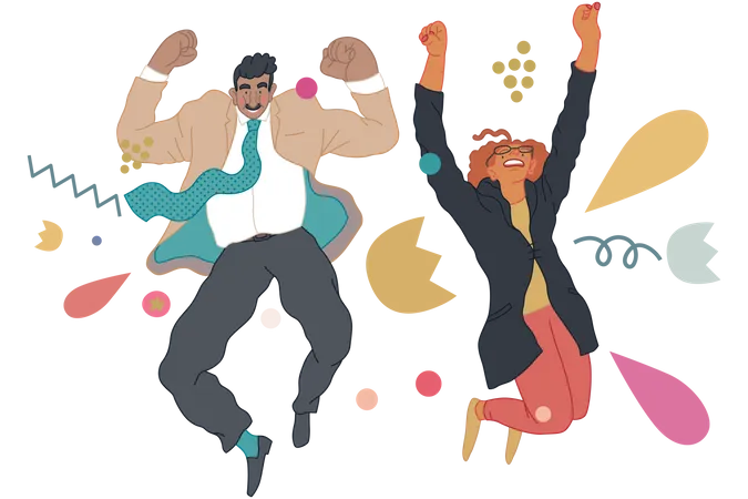 Happy business man and woman jumping in the air cheerfully  Illustration