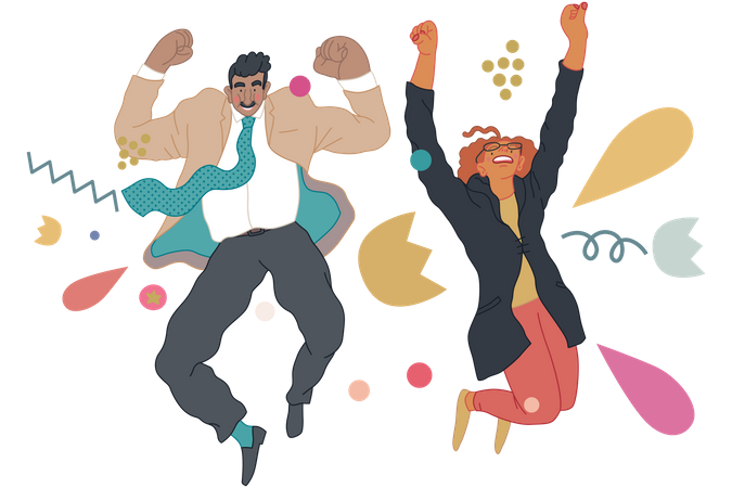 Happy business man and woman jumping in the air cheerfully  Illustration