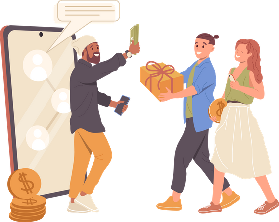 Happy business man giving money bonus for customer joining to referral program in social media  Illustration