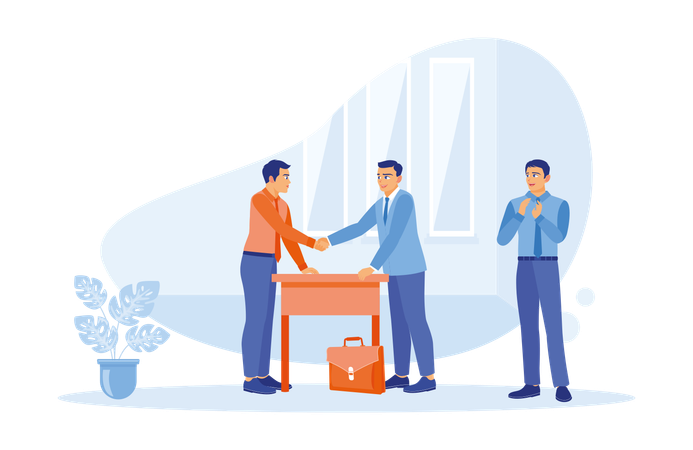 Happy business partners shaking hands on table. Make a mutual agreement after successful negotiations.n  Illustration