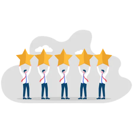 Happy business people jumping and holding golden review stars  Illustration