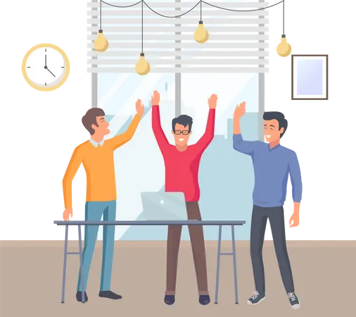Happy Colleagues With Best Business Idea Business Team Develops Solutions People Standing At A Table Joyfully Put Their Hands Up Together The Concept Of A Successful Deal Opportunity In A Deal Illustration