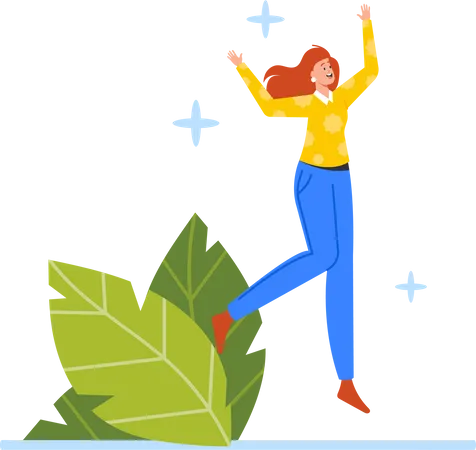 Happiness Freedom Motion And Motivational Concept Happy Woman Jumping Young Joyful Female Character Jump Or Dancing With Raised Hands Celebrate Victory Win Cartoon People Vector Illustration Illustration