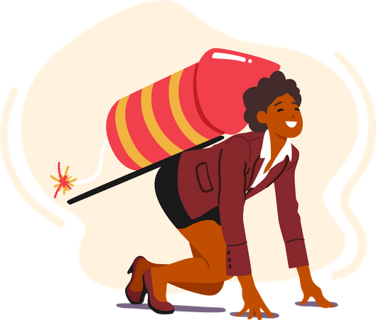 Happy Business Woman Ready For Career Boost With Petard On Back With Burning Fuse  Illustration