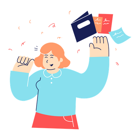 Happy business woman throwing file in air Illustration