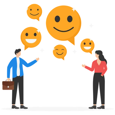 Happy Businessman And Woman Holding Smiling Face Symbol Work Motivation Employee Happiness Job Satisfaction Company Benefit Positive Attitude イラスト