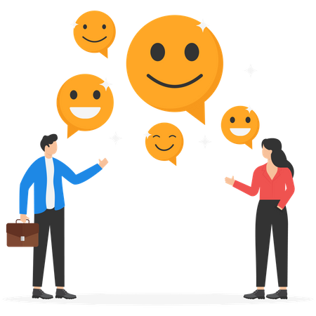 Happy businessman and woman holding smiling face symbol  Illustration