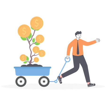 Happy businessman carries to plant money tree on cart  イラスト