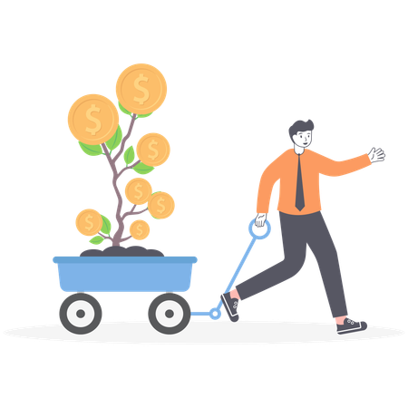 Happy businessman carries to plant money tree on cart  Illustration