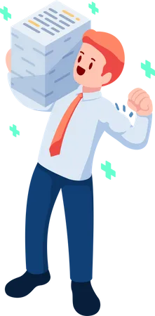 Happy Businessman Carrying Stack of Document on His Shoulder  Illustration