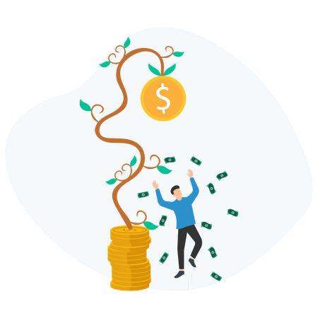 Happy businessman celebrating profit growing on money tree  Illustration