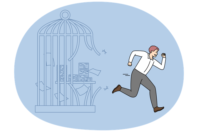 Happy businessman escape cage quit office job  Illustration