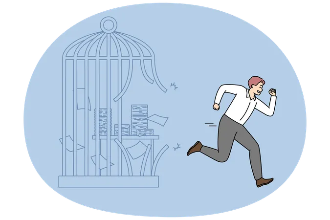 Happy businessman escape cage quit office job  Illustration
