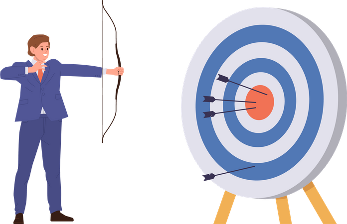 Happy businessman hitting aim target with bow arrow after one failure attempt  Illustration