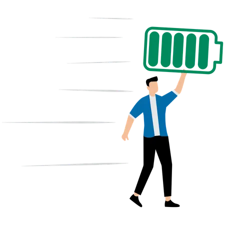 Happy businessman hold battery with full level and runs to work  Illustration