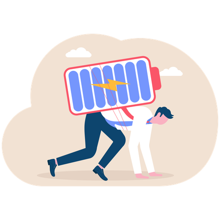 Happy businessman holding battery with full level and runs to work  Illustration