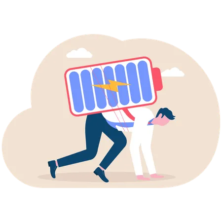 Happy businessman holding battery with full level and runs to work  Illustration