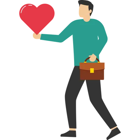 Happy businessman holding heart shape passionate walking to work  Illustration
