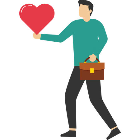 Happy businessman holding heart shape passionate walking to work  Illustration