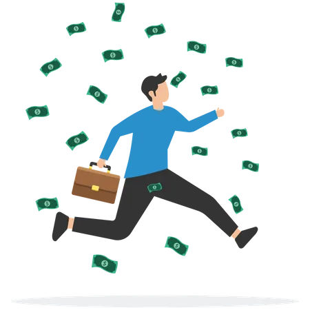 Happy businessman jump high with money rain  Illustration