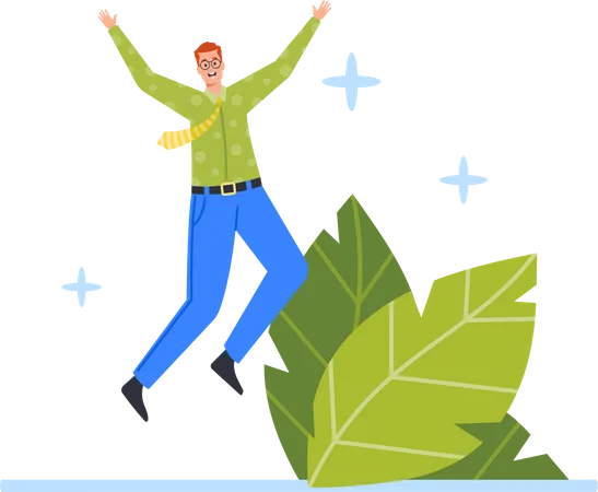 Man Cheerful Office Employee Laughing In Good Mood Happy Businessman Jump With Raised Arms Male Character Feel Positive Emotions Rejoice Victory Or Success Cartoon People Vector Illustration Illustration