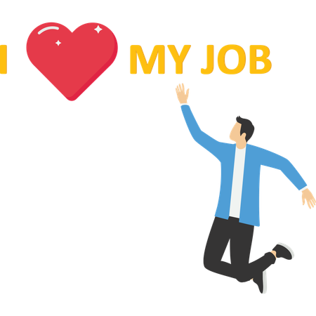 Happy businessman jumping while going to office with phrase I love my job  Illustration