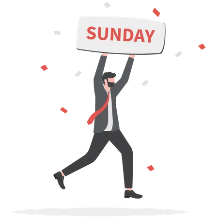 Happy businessman jumping while holding Sunday sign  Illustration