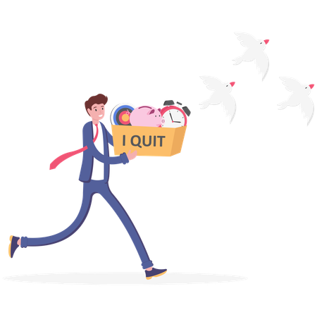 Happy businessman leaving job to be free like bird flying  Illustration