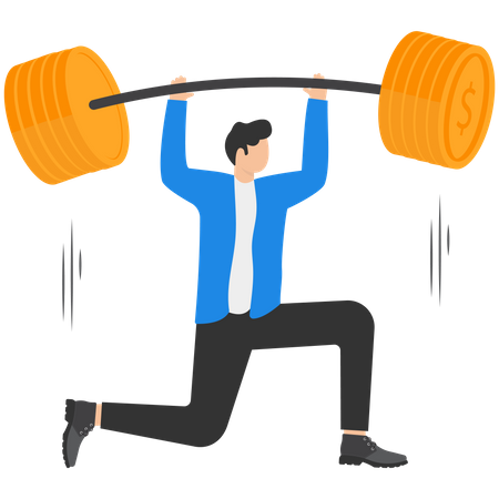Happy Businessman Lifting Up Barbell with Dollar Sign  Illustration