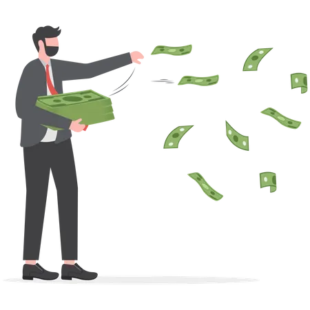 Happy businessman millionaire throw out pile of money banknotes flying into the air  Illustration
