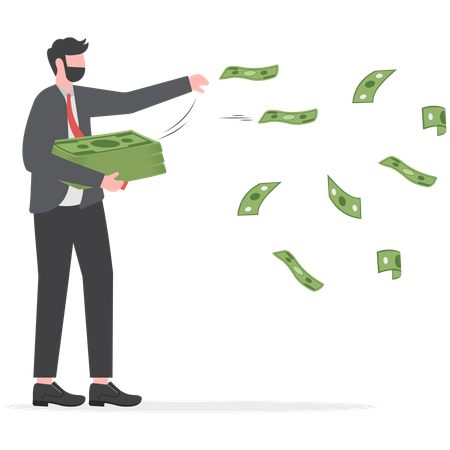 Happy businessman millionaire throw out pile of money banknotes flying into the air  Illustration